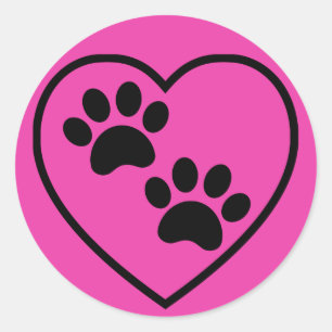 Pink and Black Paw Prints on Heart Classic Round Sticker
