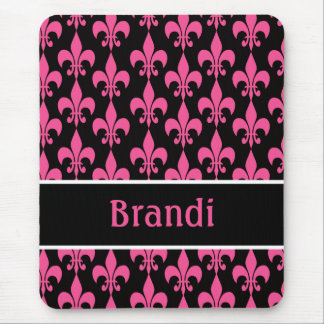 Pink and Black Personalised Fleur de Lis Mouse Pad