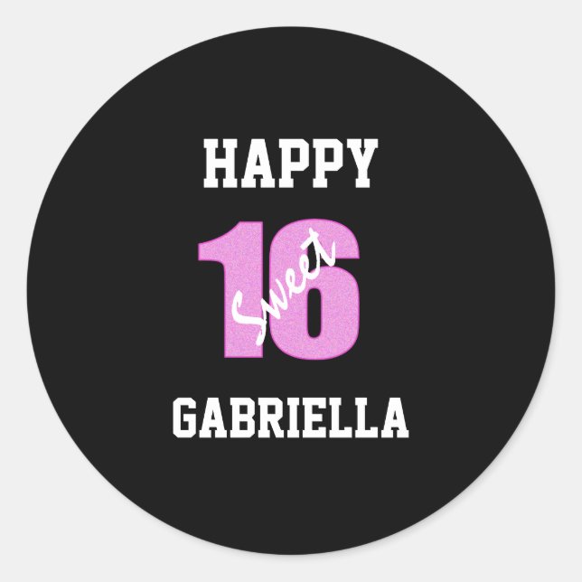 Pink And Black Personalised Sweet 16 Stickers (Front)