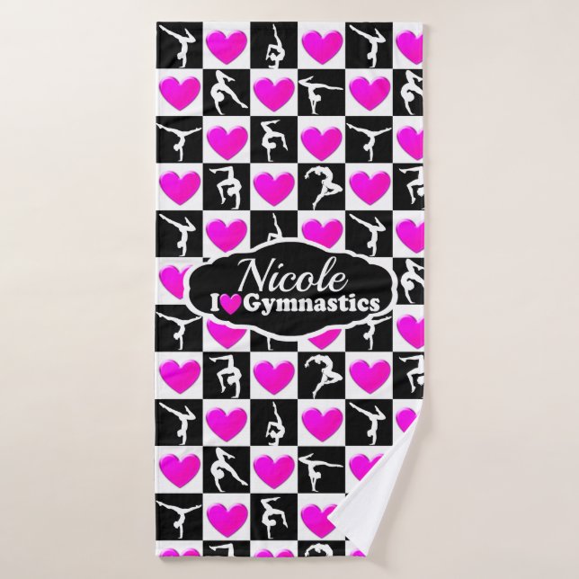 PINK AND BLACK PERSONALIZED GYMNAST DESIGN BATH TOWEL (Bath Towel)