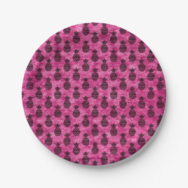 Pink and Black Pineapple Tropical Birthday Party Paper Plate (Front)