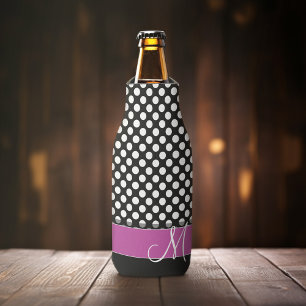 Pink and Black Polka Dot Pattern with Monogram Bottle Cooler