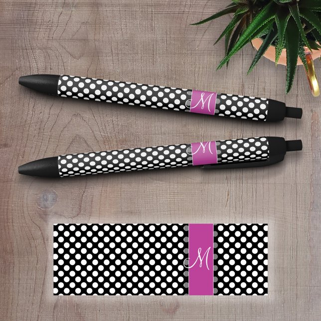 Pink and Black Polka Dot Pattern with Monogram Ink Pen (Custom Pen - Personalize this writing pen with you name, monogram or other text)