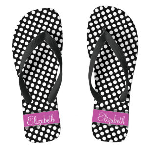 Pink and Black Polka Dot Pattern with Monogram Thongs