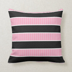 Pink and Black Polka Dot Stripes Pattern Cushion