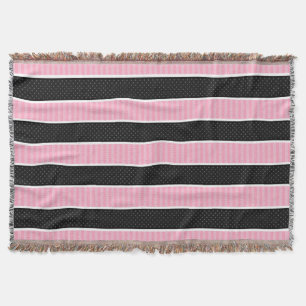 Pink and Black Polka Dot Stripes Pattern Throw Blanket
