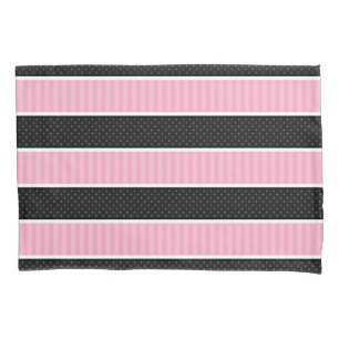 Pink and Black Polka Dot Stripes Pattern Throw Pillowcase
