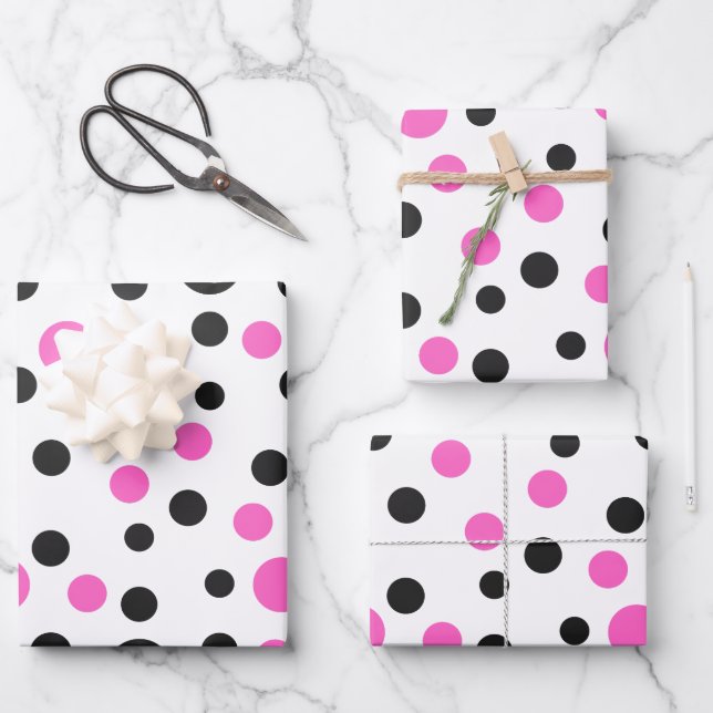 Pink and Black Polka Dot Wrapping Paper Sheet (Front)