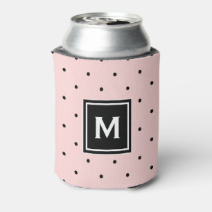 Pink and Black Polka Dots Pattern Monogram Can Cooler
