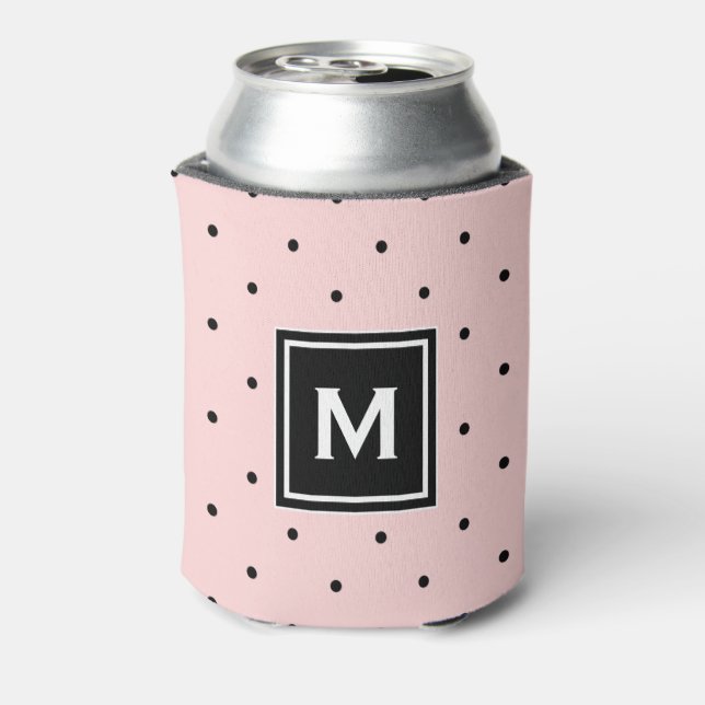 Pink and Black Polka Dots Pattern Monogram Can Cooler (Can Back)