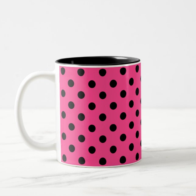 Pink and Black Polka Dots Two-Tone Coffee Mug (Left)