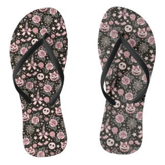 Pink and Black Pumpkin and Web Halloween Pattern Thongs