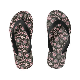 Pink and Black Pumpkin, Web and Rose Pattern Kid's Thongs