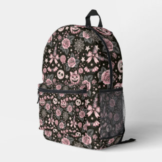 Pink and Black Pumpkin, Web and Rose Pattern Printed Backpack
