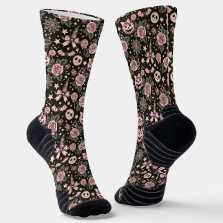 Pink and Black Pumpkin, Web and Rose Pattern Socks