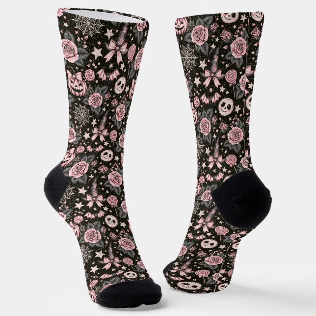 Pink and Black Pumpkin, Web and Rose Pattern Socks (Angled)