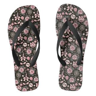 Pink and Black Pumpkin, Web and Rose Pattern Thongs