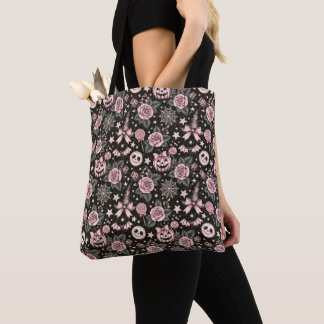 Pink and Black Pumpkin, Web and Rose Pattern Tote Bag