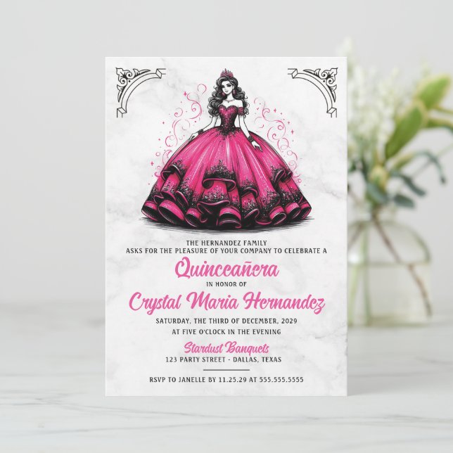 Pink and Black Quinceañera Invitation (Standing Front)