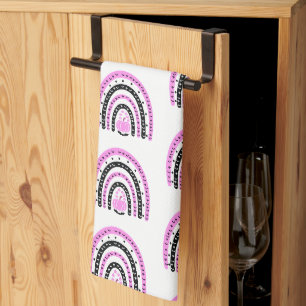 Pink and Black Rainbows Bats White Halloween Tea Towel