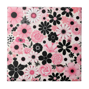 Pink and Black Retro Botanical Flowers Pattern Ceramic Tile