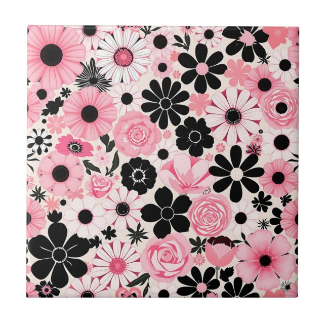Pink and Black Retro Botanical Flowers Pattern Ceramic Tile (Front)