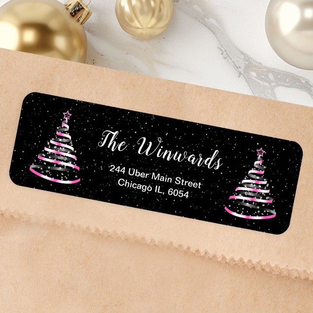 Pink and Black Ribbon Christmas Tree Return Address Label (Creator Uploaded)