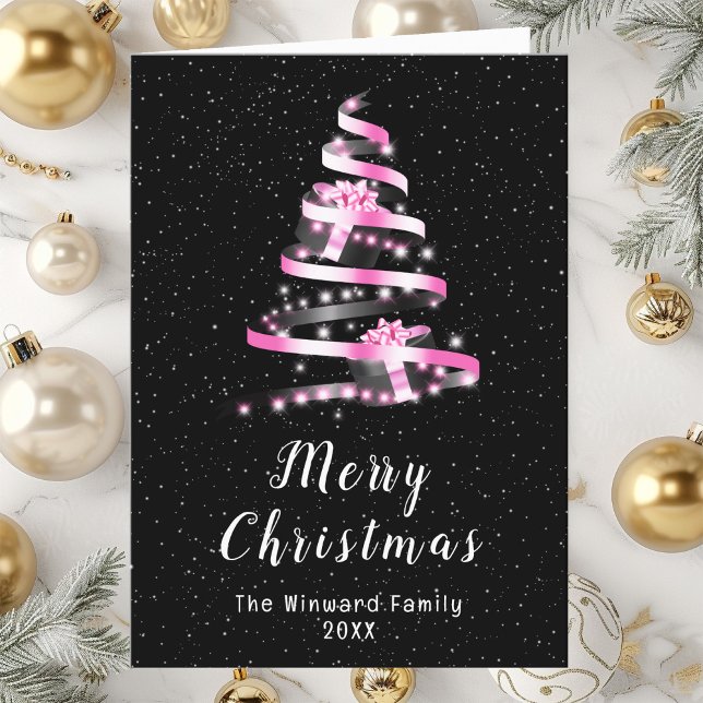 Pink and Black Ribbon Gift Merry Christmas Holiday Card (Creator Uploaded)