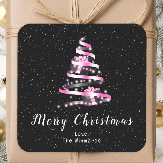 Pink and Black Ribbon Gift Merry Christmas Square Sticker (Creator Uploaded)