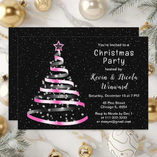 Pink and Black Ribbon Tree Christmas Party Invitation
