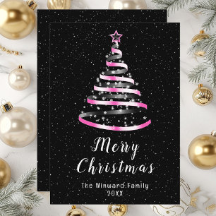 Pink and Black Ribbon Tree Merry Christmas Holiday Card