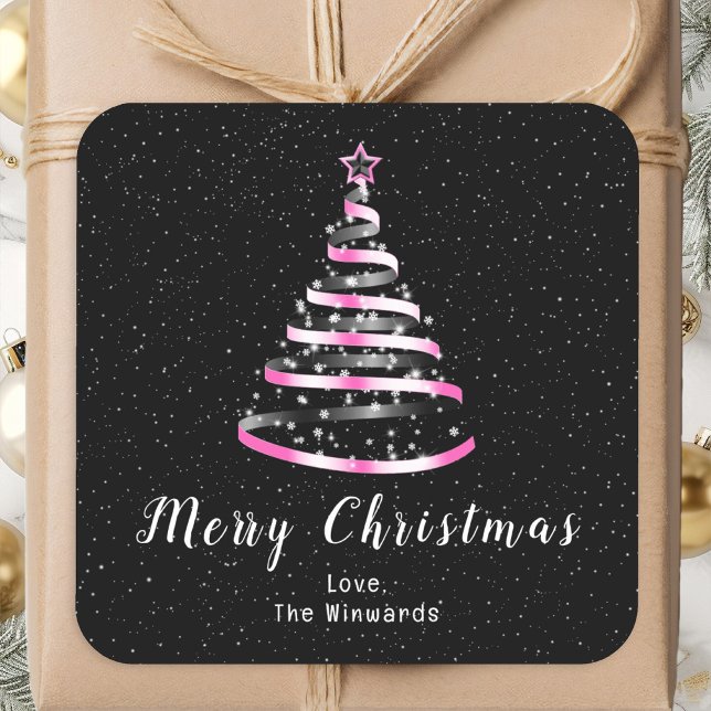 Pink and Black Ribbon Tree Merry Christmas Square Sticker (Creator Uploaded)
