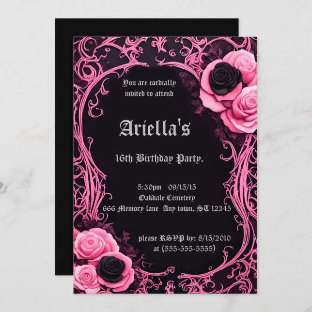 Pink and Black Rose Framed Sweet 16 Birthday Invitation (Front/Back)