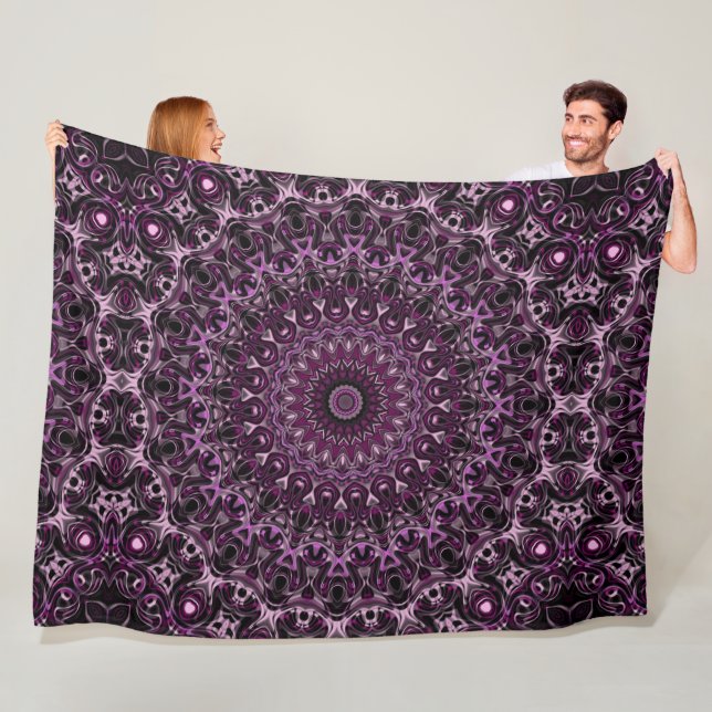 Pink and Black Rose Mandala with Floral Geometry Fleece Blanket (In Situ)