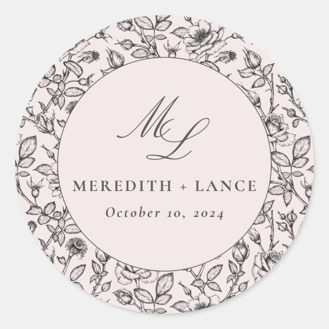 Pink and Black Rose Monogram Wedding Favour Classic Round Sticker (Front)