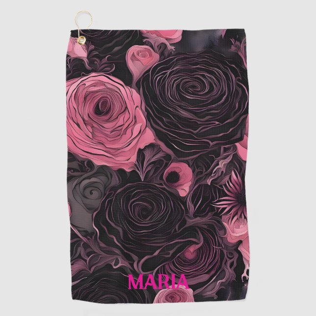 Pink and Black Roses Goth Golf Towel (Front)