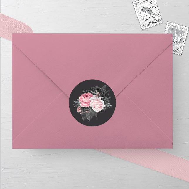 Pink and Black Roses Wedding Classic Round Sticker (Creator Uploaded)