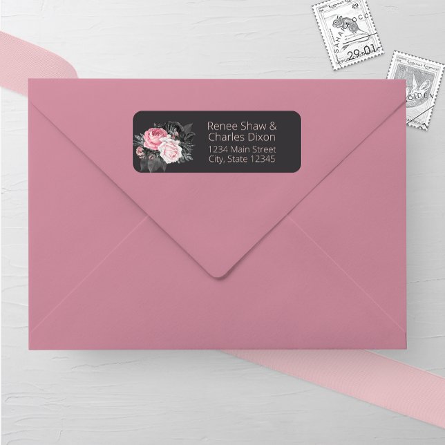 Pink and Black Roses Wedding Return Address Label (Creator Uploaded)