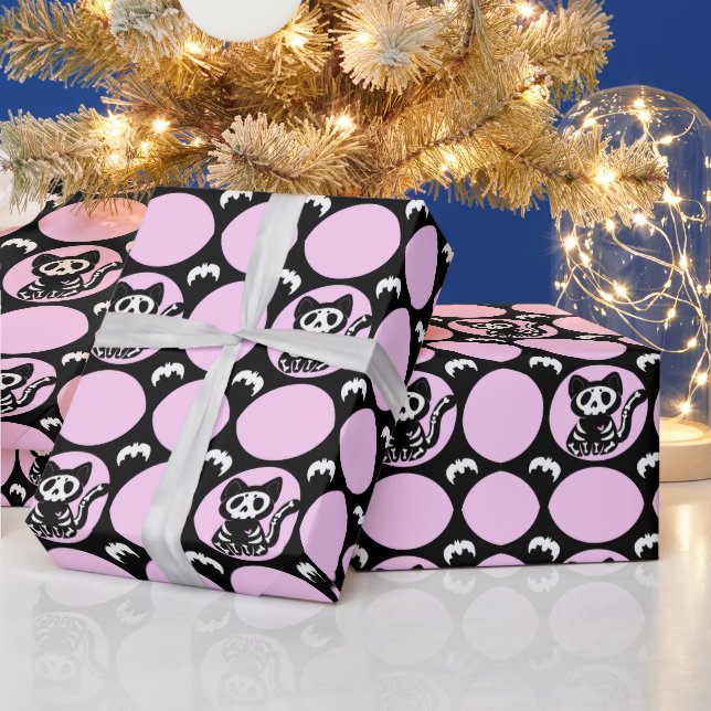 Pink and Black Skeleton Cat Wrapping Paper  (Holidays)
