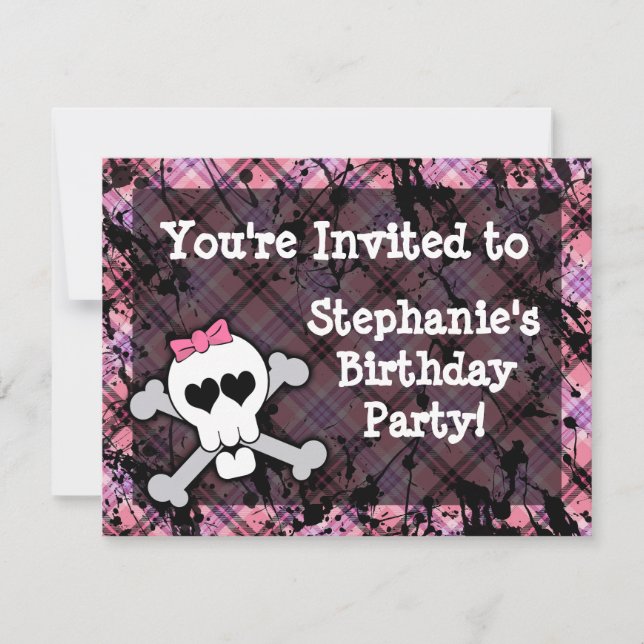 Pink and Black Skull Heart Party Invitations (Front)