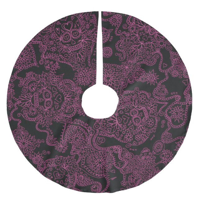 Pink And Black Skulls Gothic Christmas Tree Skirt (Front)
