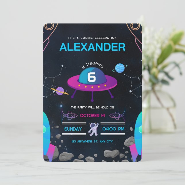Pink and Black Space Themed Birthday Party  Invitation (Standing Front)