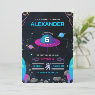 Pink and Black Space Themed Birthday Party Invitation