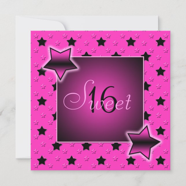 Pink and Black Stars Sweet Sixteen Invitation (Front)