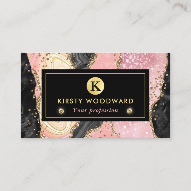 Pink and Black Stone with Gold Glitter Agate Business Card (Front)