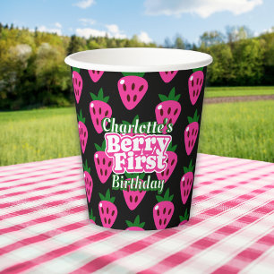 Pink and Black Strawberry Berry First Birthday Paper Cups