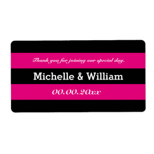 Pink and black stripe wedding water bottle labels