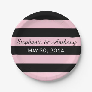 Pink and Black Striped Wedding Paper Plate
