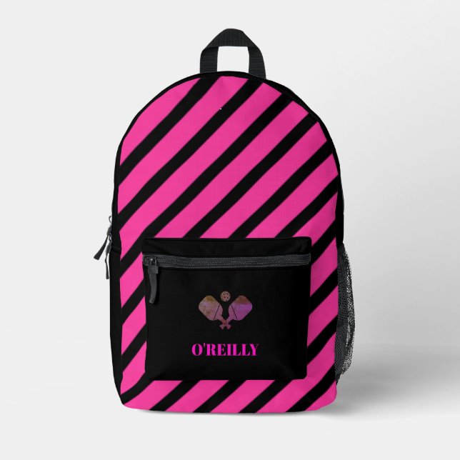 Pink and Black Stripes Modern Monogram Pickleball Printed Backpack (Front)