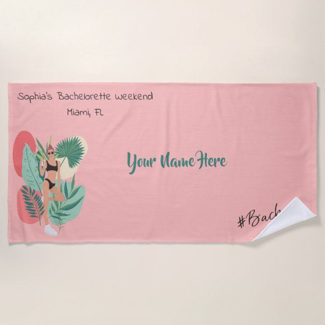 Pink and Black Summer Vibes Bachelorette Party Beach Towel (Front)